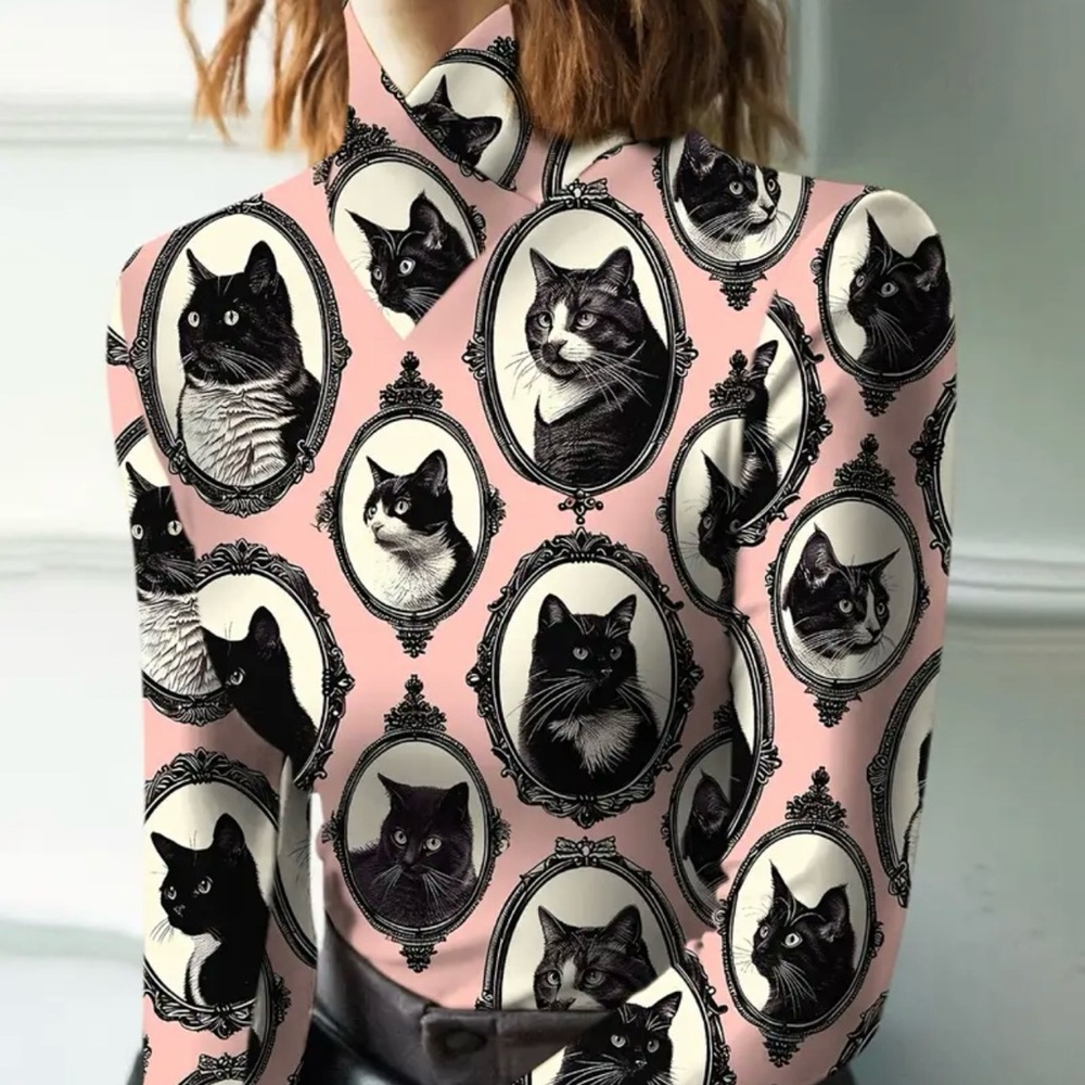 Chic Pink Cat print mock neck turtleneck - Picture 3 of 3